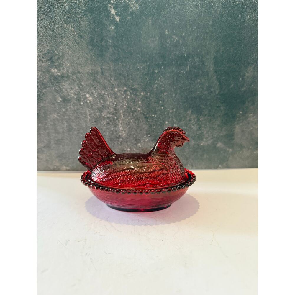 Vintage Ruby Red Glass Hen On Nest Covered  Dish Beaded Rim 5 Inch - Picture 11 of 13